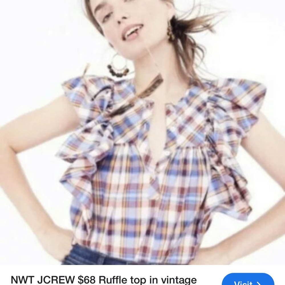 J. Crew Blue and White Flutter Sleeve Ruffled Blouse